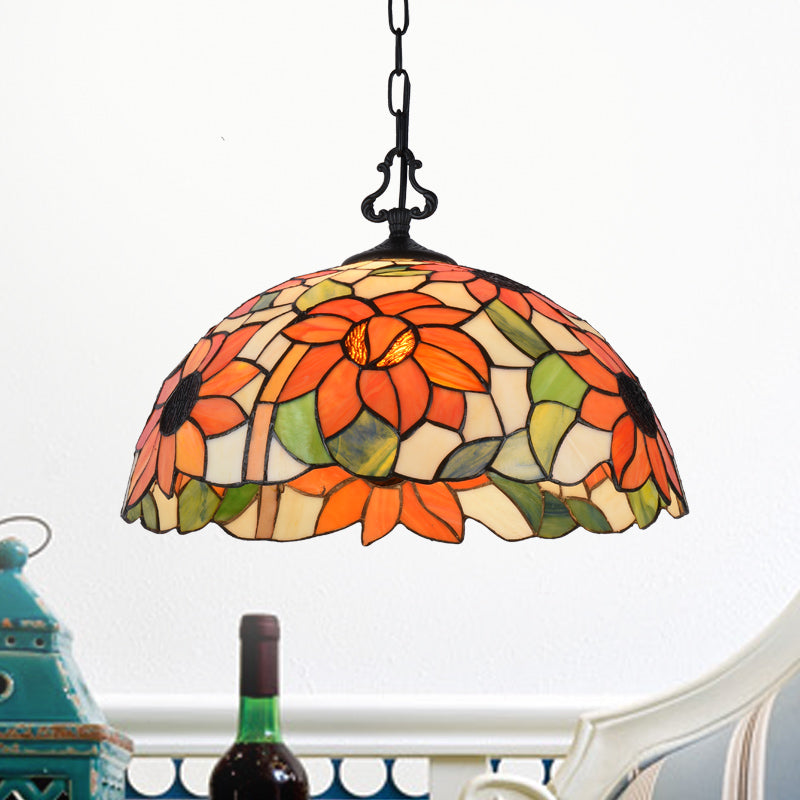 Tiffany-Style Stained Glass Pendant Lighting Dome 1 Head Hanging Light Fixture in Black with Victorian/Butterfly/Sunflower Pattern Black Sunflower Clearhalo 'Ceiling Lights' 'Industrial' 'Middle Century Pendants' 'Pendant Lights' 'Pendants' 'Tiffany close to ceiling' 'Tiffany Pendants' 'Tiffany' Lighting' 102754