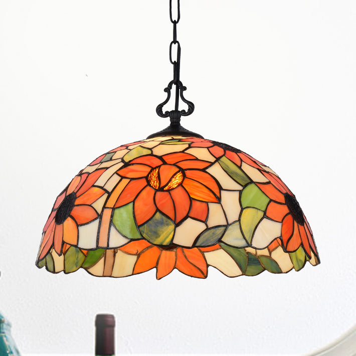 Tiffany-Style Stained Glass Pendant Lighting Dome 1 Head Hanging Light Fixture in Black with Victorian/Butterfly/Sunflower Pattern Clearhalo 'Ceiling Lights' 'Industrial' 'Middle Century Pendants' 'Pendant Lights' 'Pendants' 'Tiffany close to ceiling' 'Tiffany Pendants' 'Tiffany' Lighting' 102755