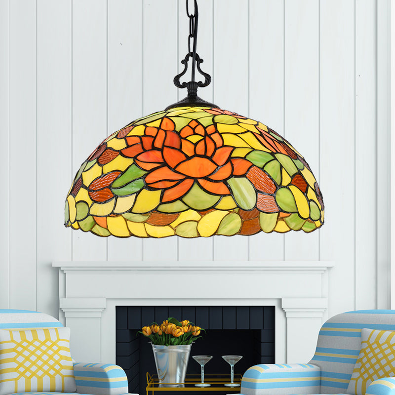Tiffany-Style Stained Glass Pendant Lighting Dome 1 Head Hanging Light Fixture in Black with Victorian/Butterfly/Sunflower Pattern Black Lotus Clearhalo 'Ceiling Lights' 'Industrial' 'Middle Century Pendants' 'Pendant Lights' 'Pendants' 'Tiffany close to ceiling' 'Tiffany Pendants' 'Tiffany' Lighting' 102756