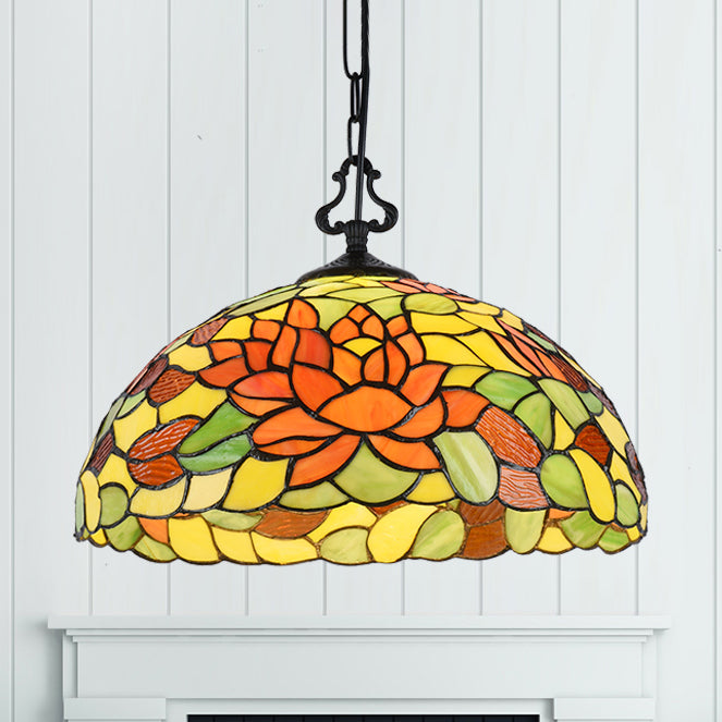 Tiffany-Style Stained Glass Pendant Lighting Dome 1 Head Hanging Light Fixture in Black with Victorian/Butterfly/Sunflower Pattern Clearhalo 'Ceiling Lights' 'Industrial' 'Middle Century Pendants' 'Pendant Lights' 'Pendants' 'Tiffany close to ceiling' 'Tiffany Pendants' 'Tiffany' Lighting' 102757