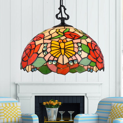 Tiffany-Style Stained Glass Pendant Lighting Dome 1 Head Hanging Light Fixture in Black with Victorian/Butterfly/Sunflower Pattern Black Butterfly Clearhalo 'Ceiling Lights' 'Industrial' 'Middle Century Pendants' 'Pendant Lights' 'Pendants' 'Tiffany close to ceiling' 'Tiffany Pendants' 'Tiffany' Lighting' 102758