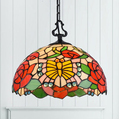 Tiffany-Style Stained Glass Pendant Lighting Dome 1 Head Hanging Light Fixture in Black with Victorian/Butterfly/Sunflower Pattern Clearhalo 'Ceiling Lights' 'Industrial' 'Middle Century Pendants' 'Pendant Lights' 'Pendants' 'Tiffany close to ceiling' 'Tiffany Pendants' 'Tiffany' Lighting' 102759