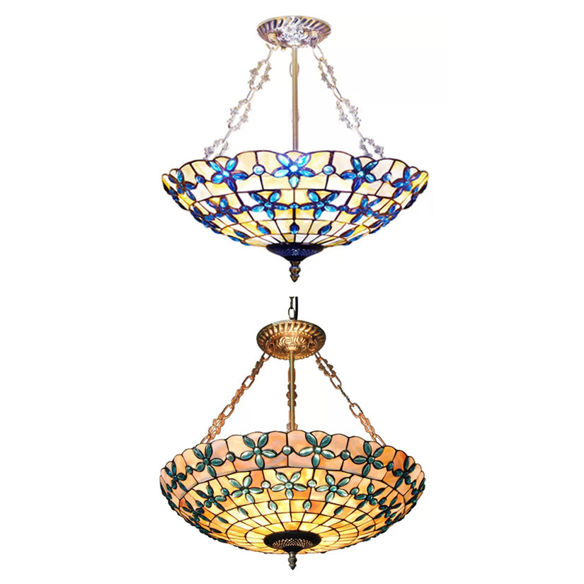 Stained Glass Ceiling Lighting with Rod, 5 Lights Large Domed Semi Flush Light in Antique Brass for Bedroom Tiffany Style Clearhalo 'Ceiling Lights' 'Close To Ceiling Lights' 'Close to ceiling' 'Pendant Lights' 'Semi-flushmount' 'Tiffany close to ceiling' 'Tiffany' Lighting' 10276