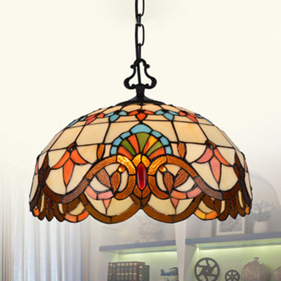 Tiffany-Style Stained Glass Pendant Lighting Dome 1 Head Hanging Light Fixture in Black with Victorian/Butterfly/Sunflower Pattern Clearhalo 'Ceiling Lights' 'Industrial' 'Middle Century Pendants' 'Pendant Lights' 'Pendants' 'Tiffany close to ceiling' 'Tiffany Pendants' 'Tiffany' Lighting' 102761