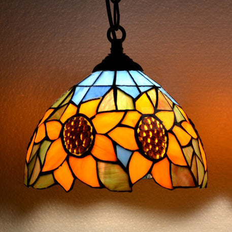 Victorian Sunflower Hanging Lamp Orange Stained Glass 1 Bulb Bedroom Suspension Light Orange Clearhalo 'Ceiling Lights' 'Industrial' 'Middle Century Pendants' 'Pendant Lights' 'Pendants' 'Tiffany close to ceiling' 'Tiffany Pendants' 'Tiffany' Lighting' 102762