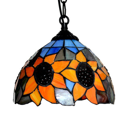 Victorian Sunflower Hanging Lamp Orange Stained Glass 1 Bulb Bedroom Suspension Light Clearhalo 'Ceiling Lights' 'Industrial' 'Middle Century Pendants' 'Pendant Lights' 'Pendants' 'Tiffany close to ceiling' 'Tiffany Pendants' 'Tiffany' Lighting' 102763