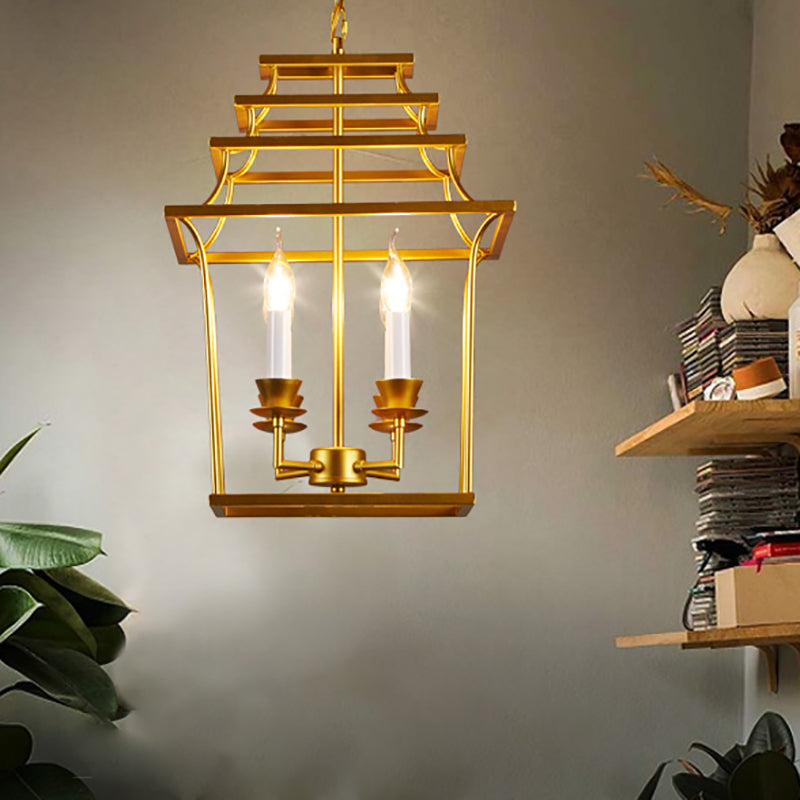 Golden Lantern Cage Hanging Lamp Vintage Stylish Metal 4 Lights Living Room Pendant Lighting Clearhalo 'Cast Iron' 'Ceiling Lights' 'Chandeliers' 'Industrial Chandeliers' 'Industrial' 'Metal' 'Middle Century Chandeliers' 'Rustic Chandeliers' 'Tiffany' Lighting' 102766