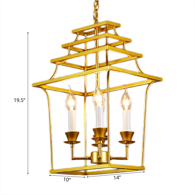 Golden Lantern Cage Hanging Lamp Vintage Stylish Metal 4 Lights Living Room Pendant Lighting Clearhalo 'Cast Iron' 'Ceiling Lights' 'Chandeliers' 'Industrial Chandeliers' 'Industrial' 'Metal' 'Middle Century Chandeliers' 'Rustic Chandeliers' 'Tiffany' Lighting' 102769