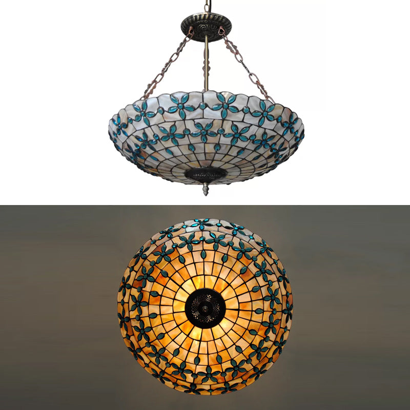 Stained Glass Ceiling Lighting with Rod, 5 Lights Large Domed Semi Flush Light in Antique Brass for Bedroom Tiffany Style Clearhalo 'Ceiling Lights' 'Close To Ceiling Lights' 'Close to ceiling' 'Pendant Lights' 'Semi-flushmount' 'Tiffany close to ceiling' 'Tiffany' Lighting' 10277