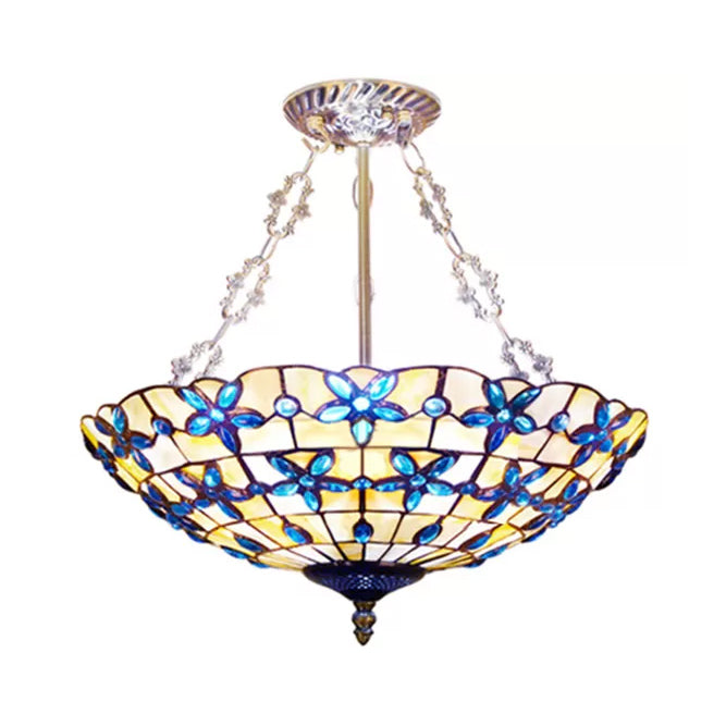 Stained Glass Ceiling Lighting with Rod, 5 Lights Large Domed Semi Flush Light in Antique Brass for Bedroom Tiffany Style Blue 19.5" Clearhalo 'Ceiling Lights' 'Close To Ceiling Lights' 'Close to ceiling' 'Pendant Lights' 'Semi-flushmount' 'Tiffany close to ceiling' 'Tiffany' Lighting' 10278