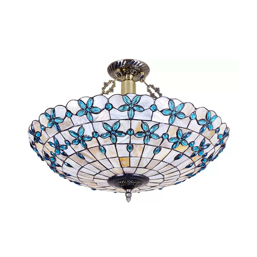 Stained Glass Ceiling Lighting with Rod, 5 Lights Large Domed Semi Flush Light in Antique Brass for Bedroom Tiffany Style Clearhalo 'Ceiling Lights' 'Close To Ceiling Lights' 'Close to ceiling' 'Pendant Lights' 'Semi-flushmount' 'Tiffany close to ceiling' 'Tiffany' Lighting' 10279