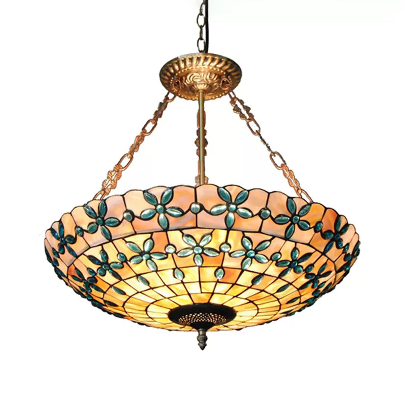 Stained Glass Ceiling Lighting with Rod, 5 Lights Large Domed Semi Flush Light in Antique Brass for Bedroom Tiffany Style Blue 23.5" Clearhalo 'Ceiling Lights' 'Close To Ceiling Lights' 'Close to ceiling' 'Pendant Lights' 'Semi-flushmount' 'Tiffany close to ceiling' 'Tiffany' Lighting' 10280