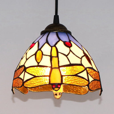 Orange Stained Glass Domed Suspension Lamp Classic 1 Bulb Ceiling Hanging Light with Dragonfly Pattern Orange Clearhalo 'Ceiling Lights' 'Industrial' 'Middle Century Pendants' 'Pendant Lights' 'Pendants' 'Tiffany close to ceiling' 'Tiffany Pendants' 'Tiffany' Lighting' 102847