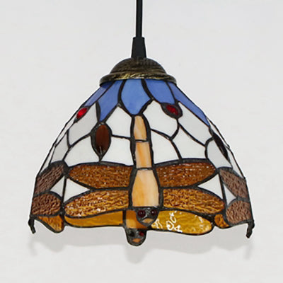 Orange Stained Glass Domed Suspension Lamp Classic 1 Bulb Ceiling Hanging Light with Dragonfly Pattern Clearhalo 'Ceiling Lights' 'Industrial' 'Middle Century Pendants' 'Pendant Lights' 'Pendants' 'Tiffany close to ceiling' 'Tiffany Pendants' 'Tiffany' Lighting' 102848