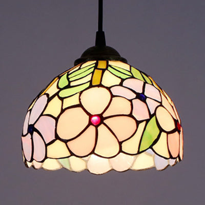 Victorian Domed Ceiling Light Purple-Pink Stained Glass 1 Bulb Suspended Lighting Fixture for Bedroom Purple-Pink Clearhalo 'Ceiling Lights' 'Industrial' 'Middle Century Pendants' 'Pendant Lights' 'Pendants' 'Tiffany close to ceiling' 'Tiffany Pendants' 'Tiffany' Lighting' 102849