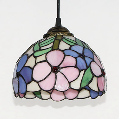 Victorian Domed Ceiling Light Purple-Pink Stained Glass 1 Bulb Suspended Lighting Fixture for Bedroom Clearhalo 'Ceiling Lights' 'Industrial' 'Middle Century Pendants' 'Pendant Lights' 'Pendants' 'Tiffany close to ceiling' 'Tiffany Pendants' 'Tiffany' Lighting' 102850