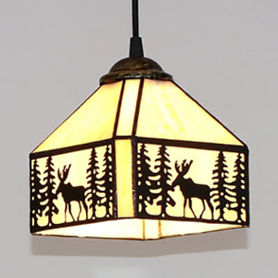 Lodge Style Deer Suspension Light Beige Glass Single Light Pendant Lighting for Dining Room Beige Clearhalo 'Ceiling Lights' 'Industrial' 'Middle Century Pendants' 'Pendant Lights' 'Pendants' 'Tiffany close to ceiling' 'Tiffany Pendants' 'Tiffany' Lighting' 102853