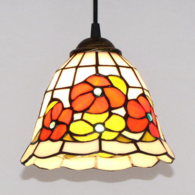 Wide Flare Pendant Lamp Tiffany Beige Stained Glass 1 Head Hanging Light Kit with Flower Design Beige Clearhalo 'Ceiling Lights' 'Industrial' 'Middle Century Pendants' 'Pendant Lights' 'Pendants' 'Tiffany close to ceiling' 'Tiffany Pendants' 'Tiffany' Lighting' 102855