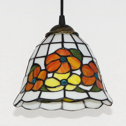 Wide Flare Pendant Lamp Tiffany Beige Stained Glass 1 Head Hanging Light Kit with Flower Design Clearhalo 'Ceiling Lights' 'Industrial' 'Middle Century Pendants' 'Pendant Lights' 'Pendants' 'Tiffany close to ceiling' 'Tiffany Pendants' 'Tiffany' Lighting' 102856