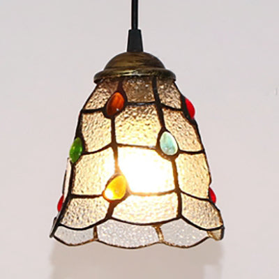 Clear Hand Cut Glass Trumpet Ceiling Lamp Tiffany 1 Head Hanging Pendant Light with Colorful Bead Clear Clearhalo 'Ceiling Lights' 'Industrial' 'Island Lights' 'Middle Century Pendants' 'Pendant Lights' 'Pendants' 'Tiffany close to ceiling' 'Tiffany Pendants' 'Tiffany' Lighting' 102859