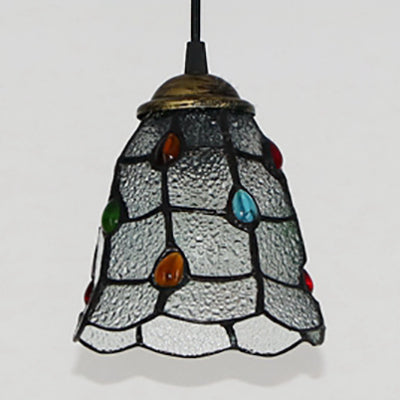 Clear Hand Cut Glass Trumpet Ceiling Lamp Tiffany 1 Head Hanging Pendant Light with Colorful Bead Clearhalo 'Ceiling Lights' 'Industrial' 'Island Lights' 'Middle Century Pendants' 'Pendant Lights' 'Pendants' 'Tiffany close to ceiling' 'Tiffany Pendants' 'Tiffany' Lighting' 102860