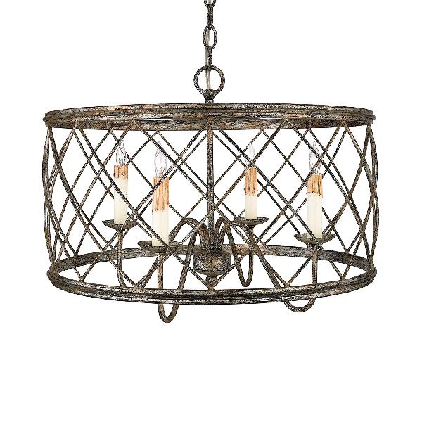 Aged Silver 4 Lights Chandelier Lamp Antique Style Metallic X-Cage Pendant Lamp with Drum Shade for Foyer Aged Silver Clearhalo 'Cast Iron' 'Ceiling Lights' 'Chandeliers' 'Industrial Chandeliers' 'Industrial' 'Metal' 'Middle Century Chandeliers' 'Rustic Chandeliers' 'Tiffany' Lighting' 103024