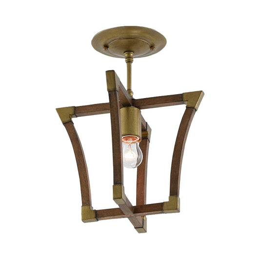 1-Bulb Semi Flush Ceiling Light Rustic Living Room Flush Mount with Wood Interlocking Trapezoid Cage in Brass Clearhalo 'Ceiling Lights' 'Close To Ceiling Lights' 'Close to ceiling' 'Semi-flushmount' Lighting' 1030362
