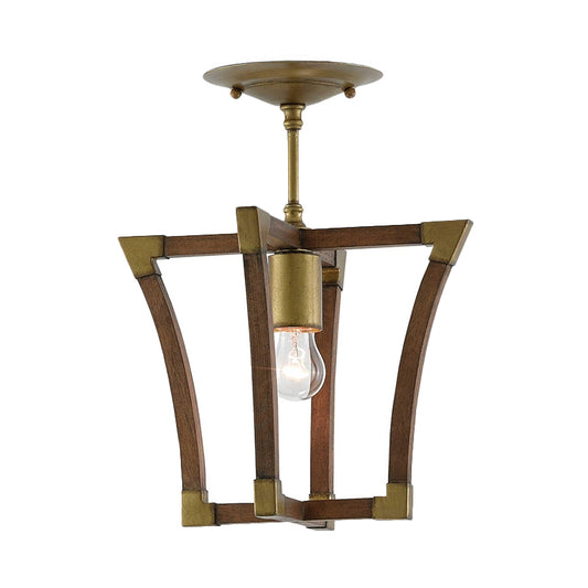 1-Bulb Semi Flush Ceiling Light Rustic Living Room Flush Mount with Wood Interlocking Trapezoid Cage in Brass Clearhalo 'Ceiling Lights' 'Close To Ceiling Lights' 'Close to ceiling' 'Semi-flushmount' Lighting' 1030363