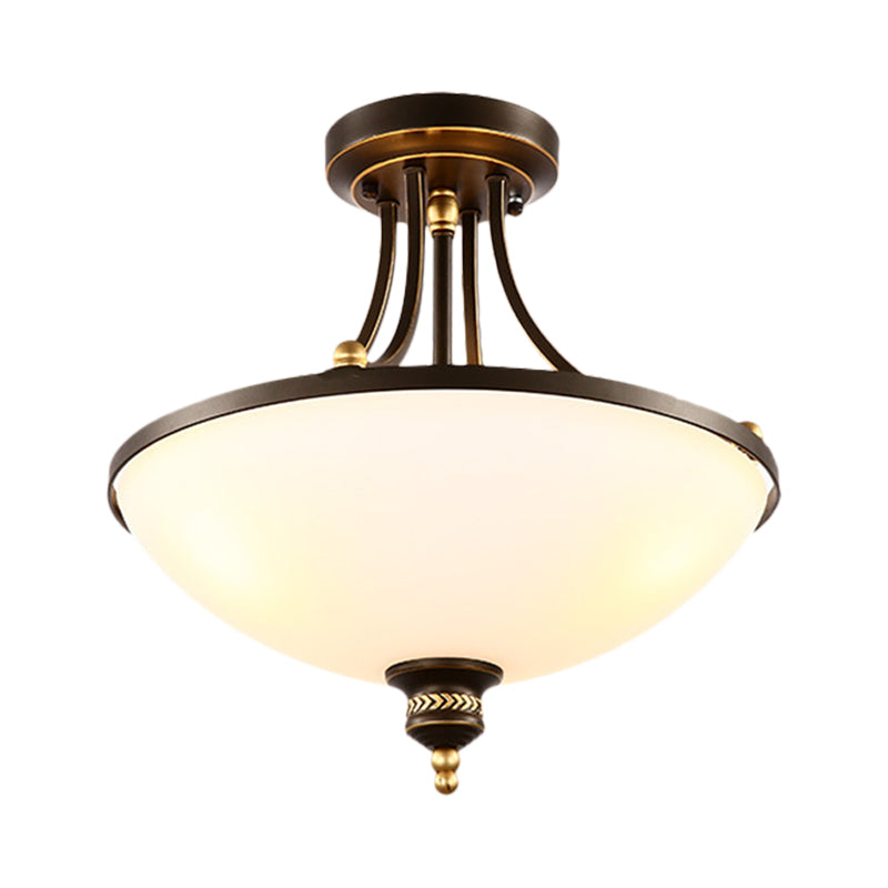 3 Bulbs Close to Ceiling Lighting Classic Bowl Shade Cream Glass Semi Flush Light Fixture in Black Clearhalo 'Ceiling Lights' 'Close To Ceiling Lights' 'Close to ceiling' 'Glass shade' 'Glass' 'Semi-flushmount' Lighting' 1030366