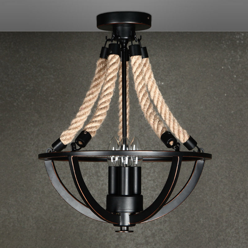 Iron Black Semi Flush Chandelier Dome Cage 3-Bulb Farmhouse Ceiling Mount Light with Rope Cord Black Clearhalo 'Ceiling Lights' 'Close To Ceiling Lights' 'Close to ceiling' 'Semi-flushmount' Lighting' 1030373