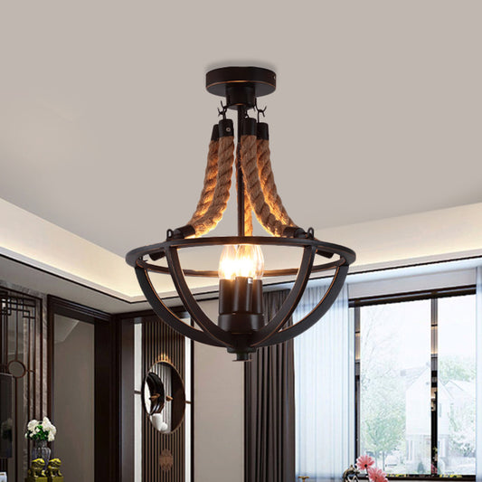 Iron Black Semi Flush Chandelier Dome Cage 3-Bulb Farmhouse Ceiling Mount Light with Rope Cord Clearhalo 'Ceiling Lights' 'Close To Ceiling Lights' 'Close to ceiling' 'Semi-flushmount' Lighting' 1030374