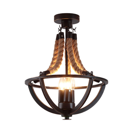 Iron Black Semi Flush Chandelier Dome Cage 3-Bulb Farmhouse Ceiling Mount Light with Rope Cord Clearhalo 'Ceiling Lights' 'Close To Ceiling Lights' 'Close to ceiling' 'Semi-flushmount' Lighting' 1030375