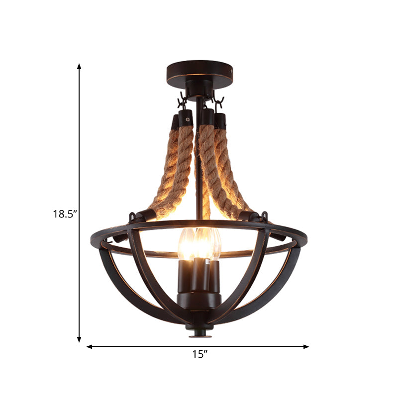 Iron Black Semi Flush Chandelier Dome Cage 3-Bulb Farmhouse Ceiling Mount Light with Rope Cord Clearhalo 'Ceiling Lights' 'Close To Ceiling Lights' 'Close to ceiling' 'Semi-flushmount' Lighting' 1030376