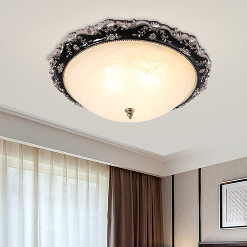 Opal Glass Bowl-Like Ceiling Light Fixture Countryside 1/2-Bulb 14"/19.5" Wide Bedroom Flush Mount Lighting in Black and Gold