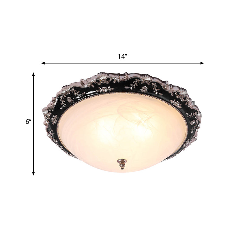 Opal Glass Bowl-Like Ceiling Light Fixture Countryside 1/2-Bulb 14"/19.5" Wide Bedroom Flush Mount Lighting in Black and Gold