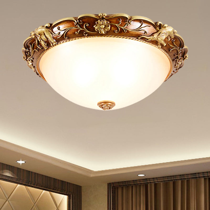 3 Heads Flush Mount Fixture Traditional Bowl White Glass Ceiling Lighting with Flowers and Elephants Deco in Brown Brown Clearhalo 'Ceiling Lights' 'Close To Ceiling Lights' 'Close to ceiling' 'Flush mount' Lighting' 1030439