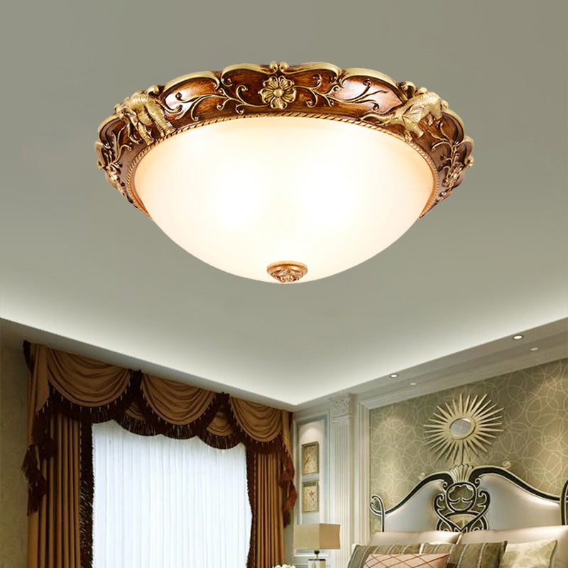 3 Heads Flush Mount Fixture Traditional Bowl White Glass Ceiling Lighting with Flowers and Elephants Deco in Brown Clearhalo 'Ceiling Lights' 'Close To Ceiling Lights' 'Close to ceiling' 'Flush mount' Lighting' 1030440