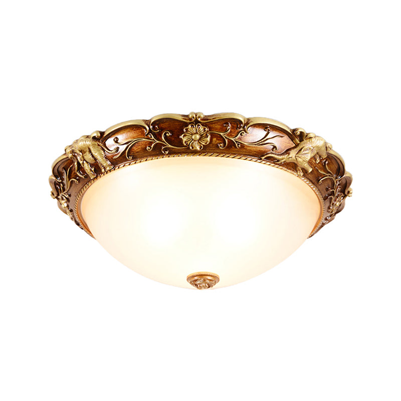 3 Heads Flush Mount Fixture Traditional Bowl White Glass Ceiling Lighting with Flowers and Elephants Deco in Brown Clearhalo 'Ceiling Lights' 'Close To Ceiling Lights' 'Close to ceiling' 'Flush mount' Lighting' 1030441
