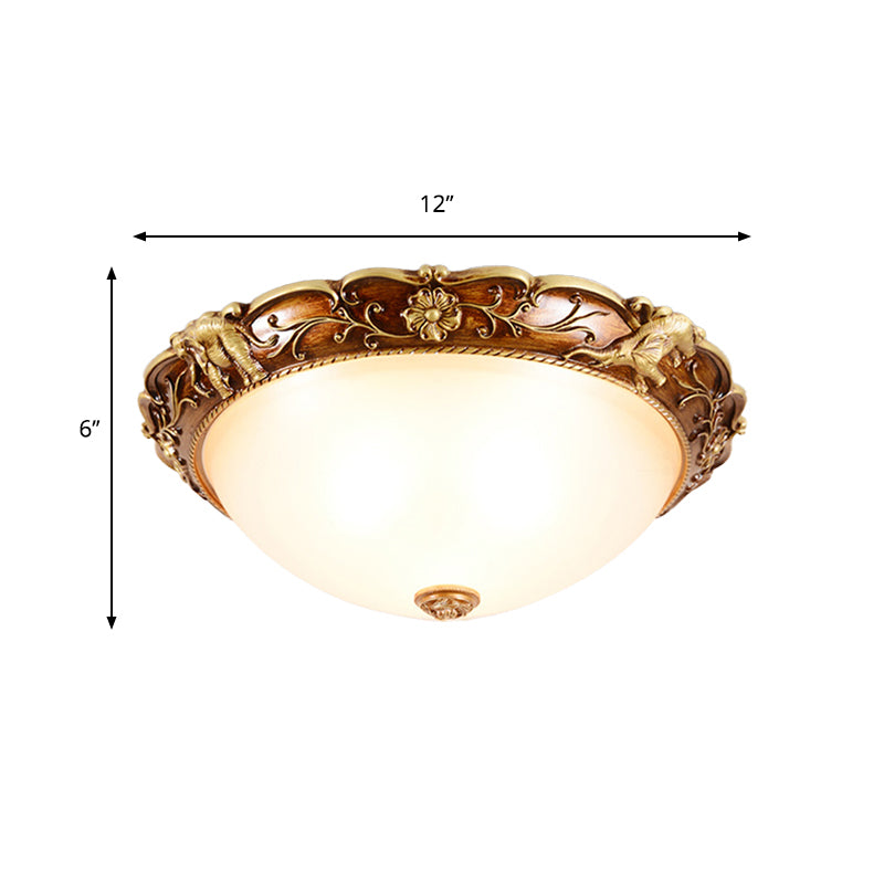 3 Heads Flush Mount Fixture Traditional Bowl White Glass Ceiling Lighting with Flowers and Elephants Deco in Brown Clearhalo 'Ceiling Lights' 'Close To Ceiling Lights' 'Close to ceiling' 'Flush mount' Lighting' 1030442