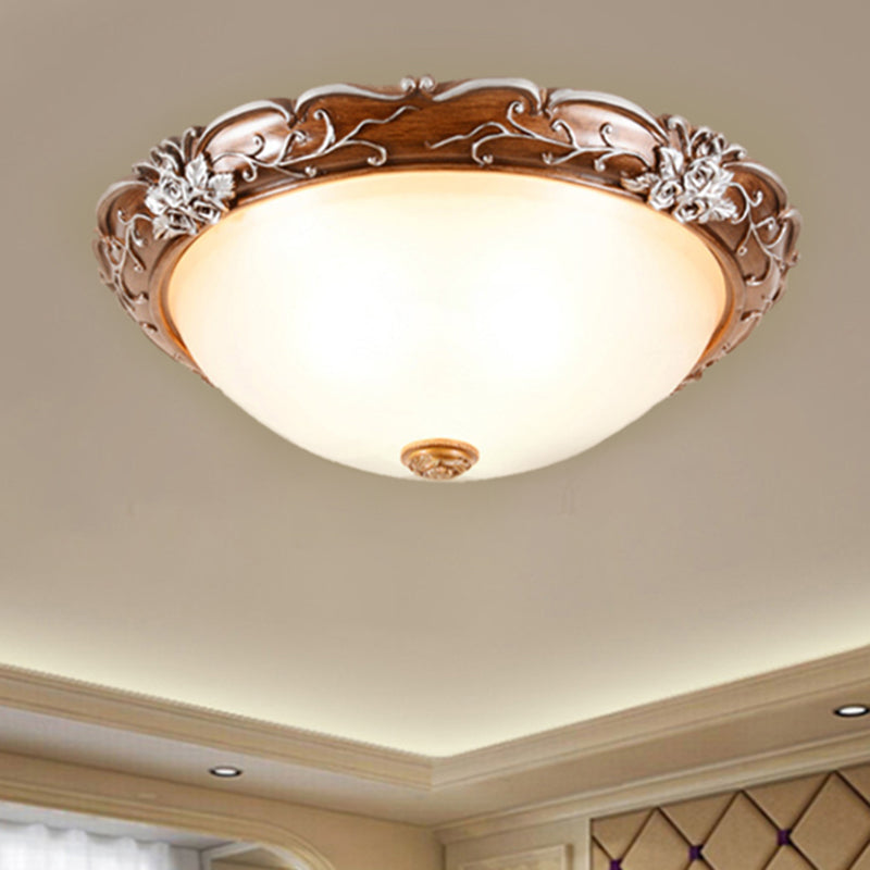 Milky Glass Brown Ceiling Lamp Semi-Spherical 3 Bulbs Countryside Flush Mount Lighting with Flower Pattern - Clearhalo - 'Ceiling Lights' - 'Close To Ceiling Lights' - 'Close to ceiling' - 'Flush mount' - Lighting' - 1030444