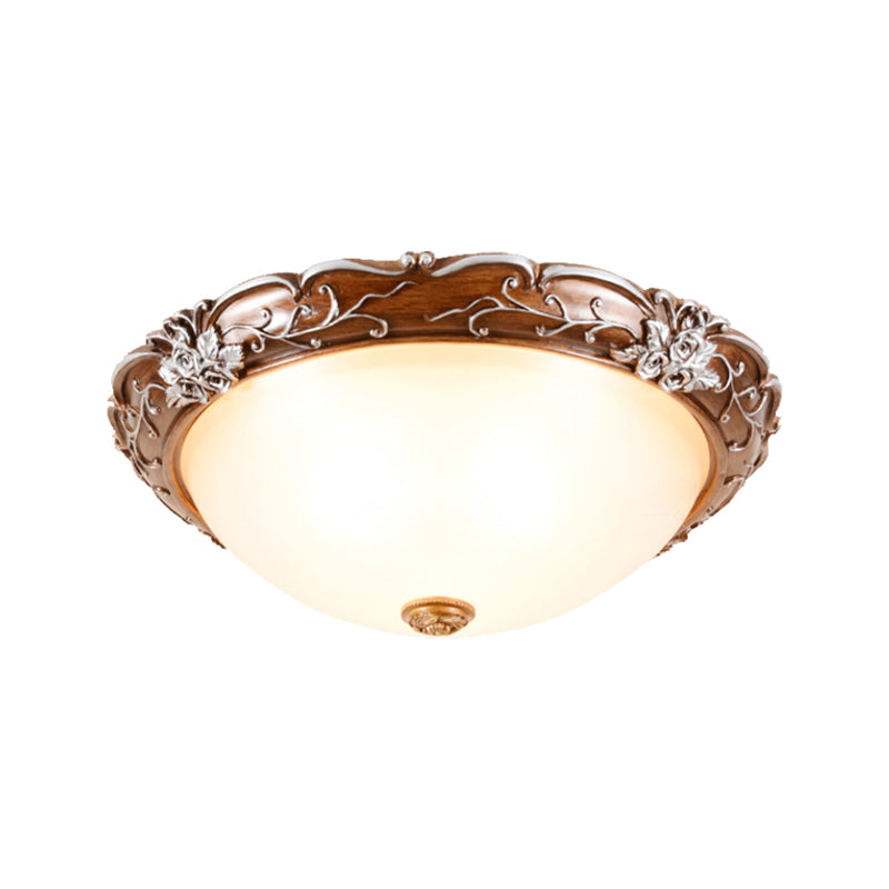 Milky Glass Brown Ceiling Lamp Semi-Spherical 3 Bulbs Countryside Flush Mount Lighting with Flower Pattern - Clearhalo - 'Ceiling Lights' - 'Close To Ceiling Lights' - 'Close to ceiling' - 'Flush mount' - Lighting' - 1030445