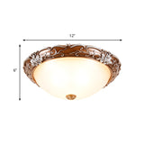 Milky Glass Brown Ceiling Lamp Semi-Spherical 3 Bulbs Countryside Flush Mount Lighting with Flower Pattern - Clearhalo - 'Ceiling Lights' - 'Close To Ceiling Lights' - 'Close to ceiling' - 'Flush mount' - Lighting' - 1030446