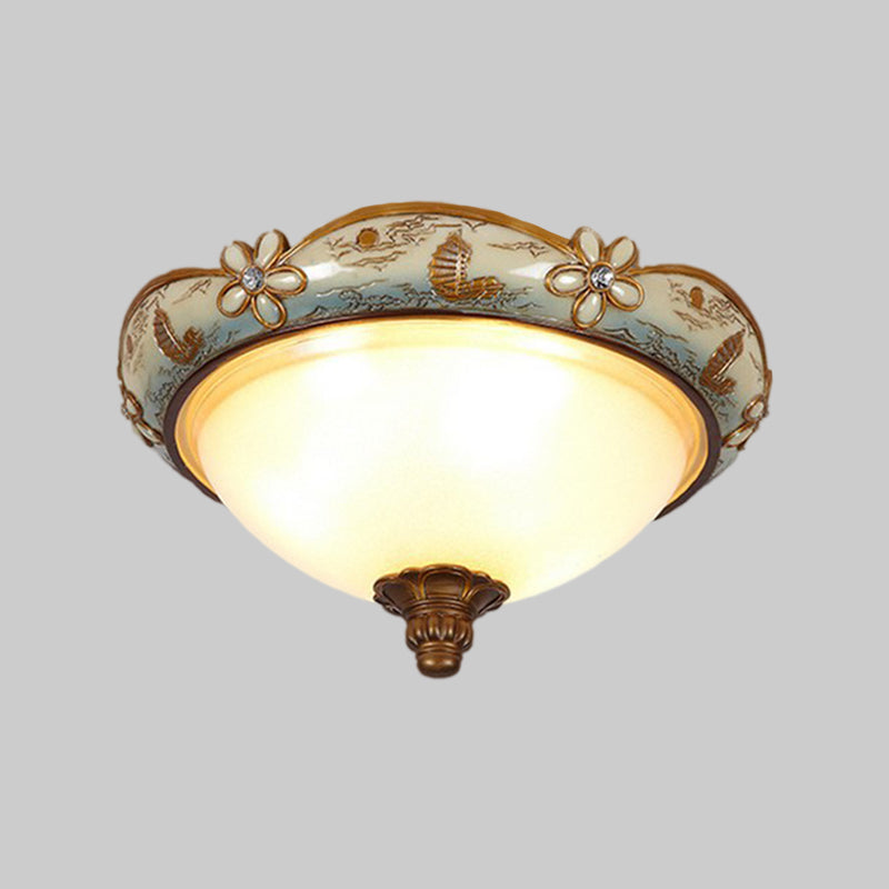 Blue-White Single Light Flush Mount Vintage Opaline Glass Dome Ceiling Lamp with Bloom Decoration