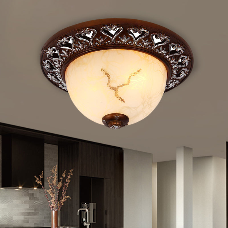 Retro Bowl-Like Flush Mounted Light 2/3/4-Bulb Crackle Glass Ceiling Fixture in Coffee for Balcony, 12"/16"/19.5" W Clearhalo 'Ceiling Lights' 'Close To Ceiling Lights' 'Close to ceiling' 'Flush mount' Lighting' 1030457