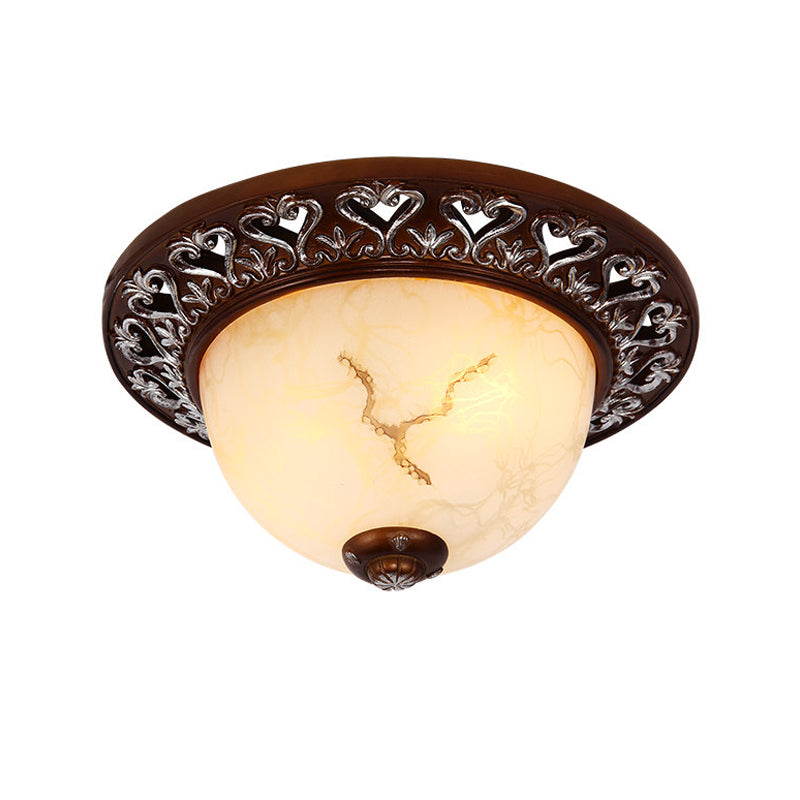 Retro Bowl-Like Flush Mounted Light 2/3/4-Bulb Crackle Glass Ceiling Fixture in Coffee for Balcony, 12"/16"/19.5" W Clearhalo 'Ceiling Lights' 'Close To Ceiling Lights' 'Close to ceiling' 'Flush mount' Lighting' 1030459