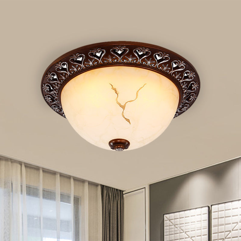 Retro Bowl-Like Flush Mounted Light 2/3/4-Bulb Crackle Glass Ceiling Fixture in Coffee for Balcony, 12"/16"/19.5" W Clearhalo 'Ceiling Lights' 'Close To Ceiling Lights' 'Close to ceiling' 'Flush mount' Lighting' 1030462