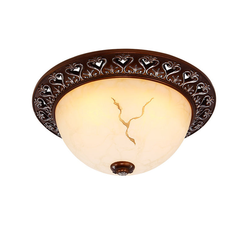 Retro Bowl-Like Flush Mounted Light 2/3/4-Bulb Crackle Glass Ceiling Fixture in Coffee for Balcony, 12"/16"/19.5" W Clearhalo 'Ceiling Lights' 'Close To Ceiling Lights' 'Close to ceiling' 'Flush mount' Lighting' 1030464