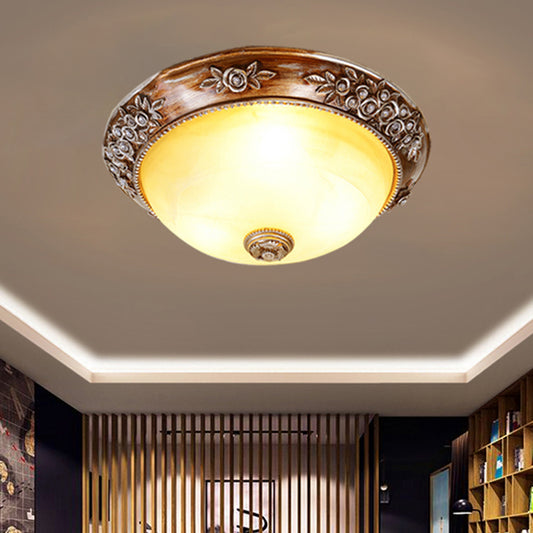 Minimalism Semi-Globe Flush Mount Lamp 12"/16"/19.5" W 2/3 Bulbs Resin Ceiling Fixture in Sepia for Balcony Clearhalo 'Ceiling Lights' 'Close To Ceiling Lights' 'Close to ceiling' 'Flush mount' Lighting' 1030489