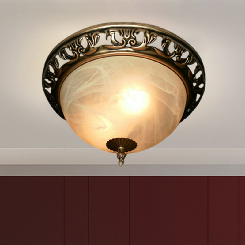 Brass 2 Lights Ceiling Lighting Fixture Traditional Crackle Glass Semi-Orb Flush Mount Lamp for Dining Room