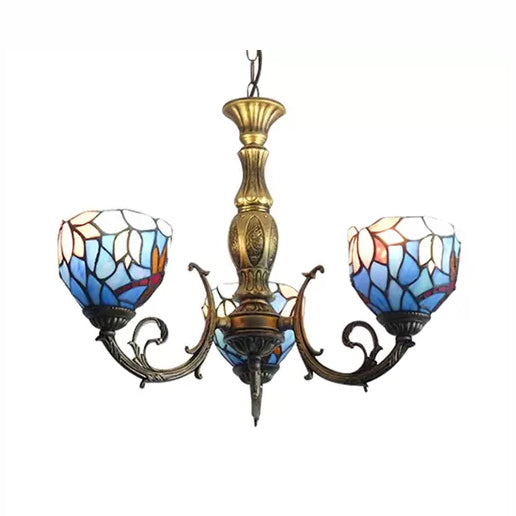 Tiffany Style Chandelier Living Room Lamp, 3 Lights Art Glass Pendant Lighting in Aged Brass with Bell Shade Clearhalo 'Ceiling Lights' 'Chandeliers' 'Industrial' 'Middle Century Chandeliers' 'Tiffany Chandeliers' 'Tiffany close to ceiling' 'Tiffany' Lighting' 10306